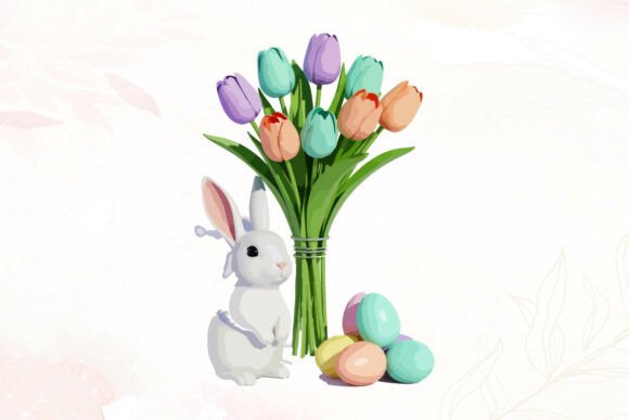 3D Easter Bunny with Tulips and Eggs Graphics and Illustrations