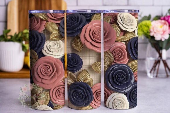 3D Floral Rose Gold Blue Pink Tumbler Graphics and Tumbler Wraps