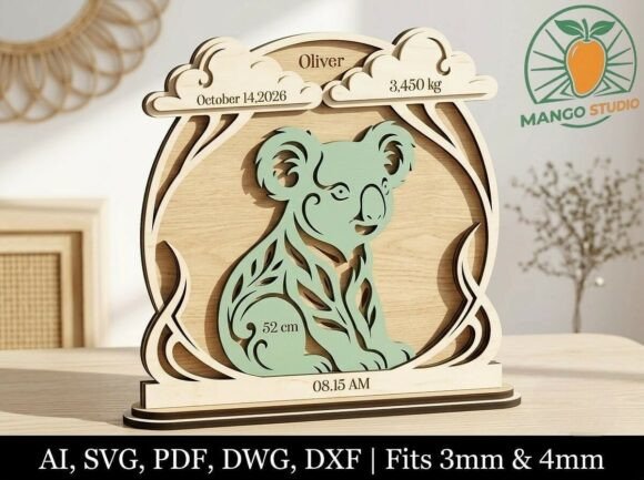 3D Koala Baby Birth Stats Laser SVG DXF