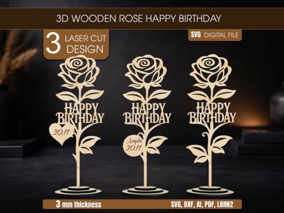 3D Rose Happy Birthday SVG Bundle for Laser Cutting and Birthday Projects