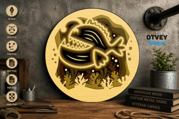 Anglerfish Sea Animals Mandala 3D Layered Laser Cutting Wall Decor